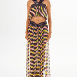 Amazonica Chiffon Wavy Striped Cross Neck Top with Black Sequin Details