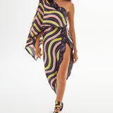 Amazonica Chiffon Wavy Striped One Shoulder Midi Dress with Black Sequin and High Slit Details