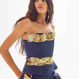 Navy Linen Corset Top with Gold Wavy Sequin Details