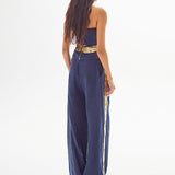 Navy Linen Corset Top with Gold Wavy Sequin Details