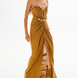 Heart Shaped Strapless Maxi Dress with High Slit and Gold Accessory Details