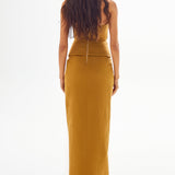 Heart Shaped Strapless Maxi Dress with High Slit and Gold Accessory Details