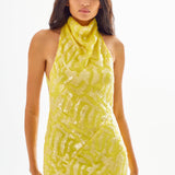 Lemon Turtle Neck Maxi Dress with Patterned Sequin Details and Open Back