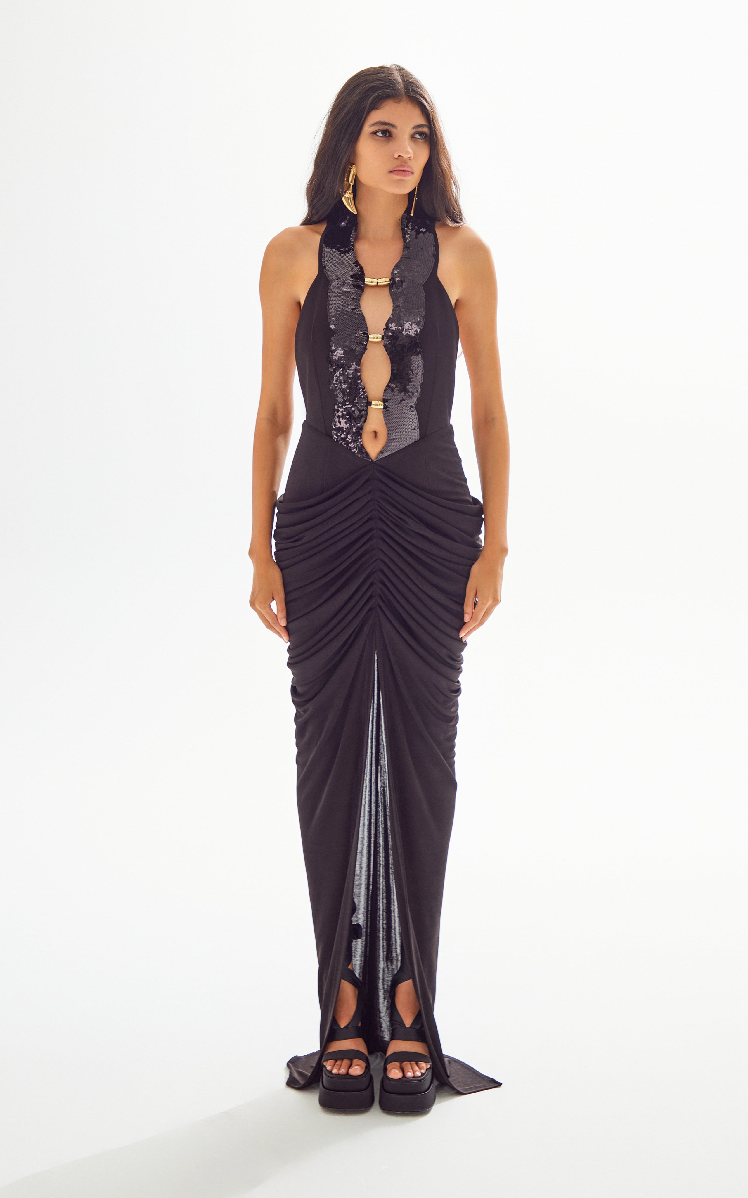 Draped Maxi Dress with Gold Ivory Accessory and Black Sequin Details RAISA VANESSA INT Draped Maxi Dress with Gold Ivory Accessory and Black Sequin Details RAISA VANESSA INT