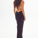 Draped Maxi Dress with Gold Ivory Accessory and Black Sequin Details