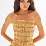 Strapless Tulle Mini Dress with Gold Embroidery Line Details