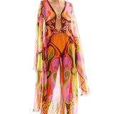 Printed Chiffon Jumpsuit with Deep Neck and Gold Buckle