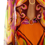 Printed Chiffon Jumpsuit with Deep Neck and Gold Buckle