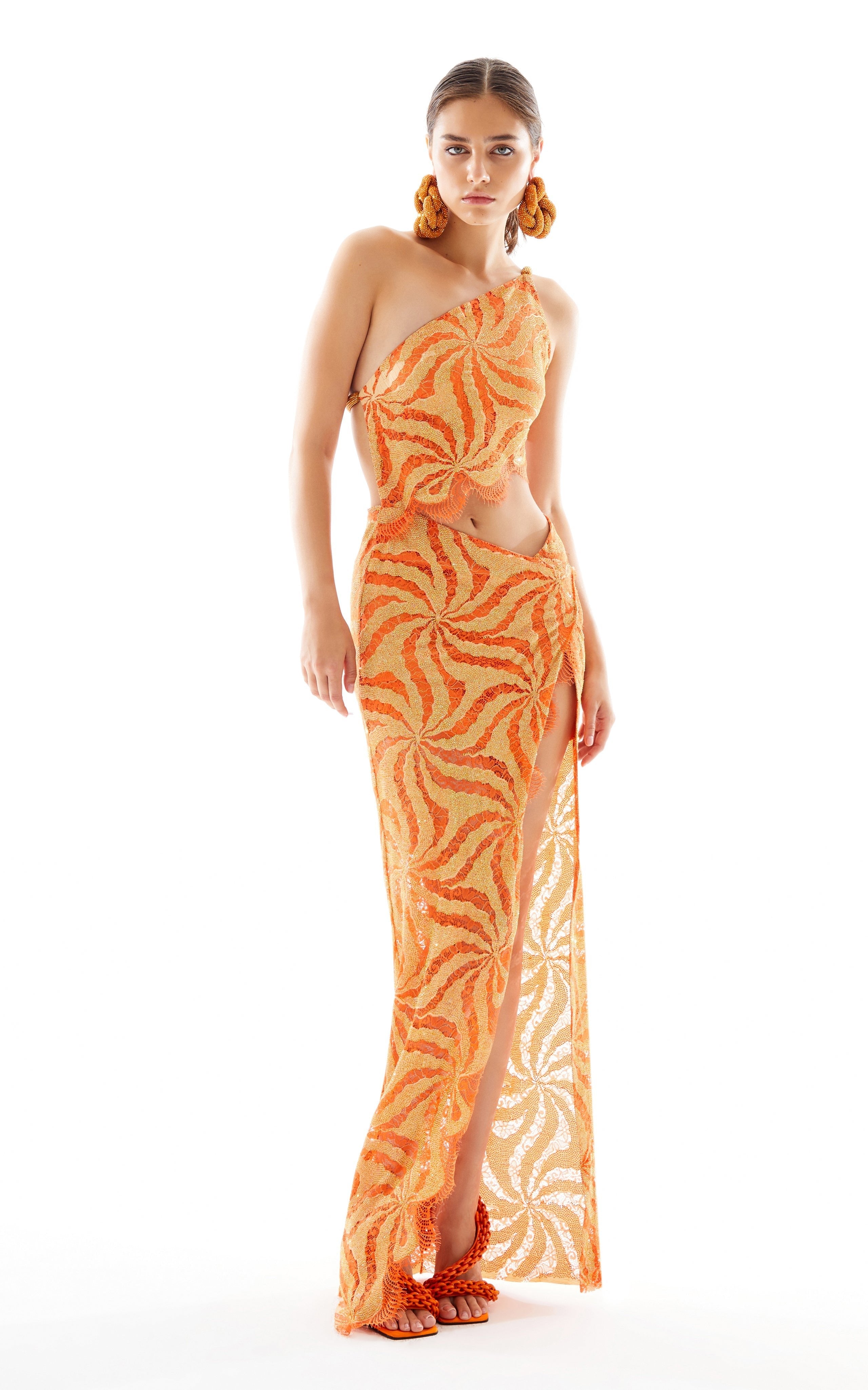 One Shoulder Lace Midi Dress with High Slit and Cutout – RAISA VANESSA INT