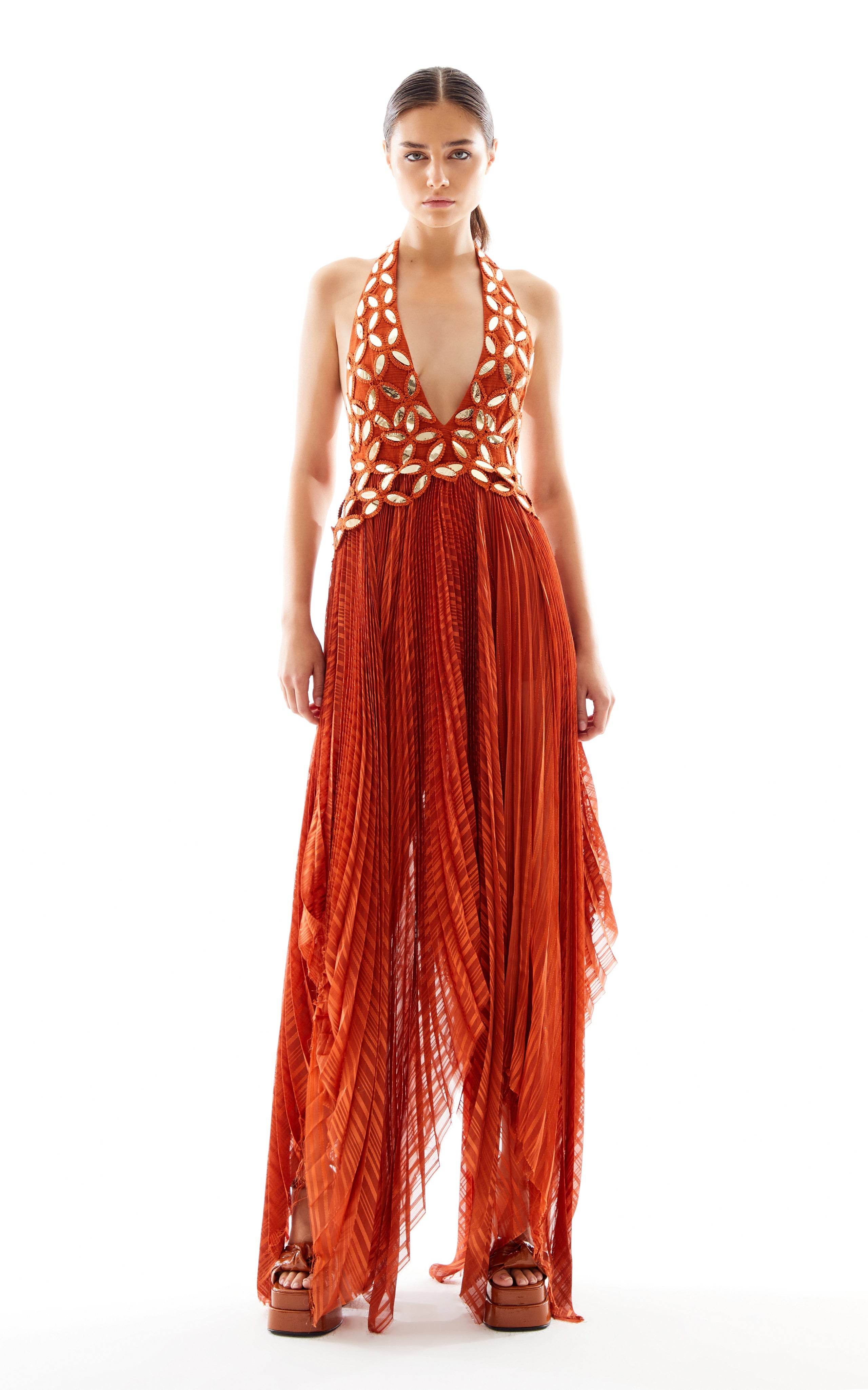Halter Neck Pleated Chiffon Asymmetrical Maxi Dress with Gold Embroide RAISA VANESSA INT Halter Neck Pleated Chiffon Asymmetrical Maxi Dress with Gold Embroide RAISA VANESSA INT