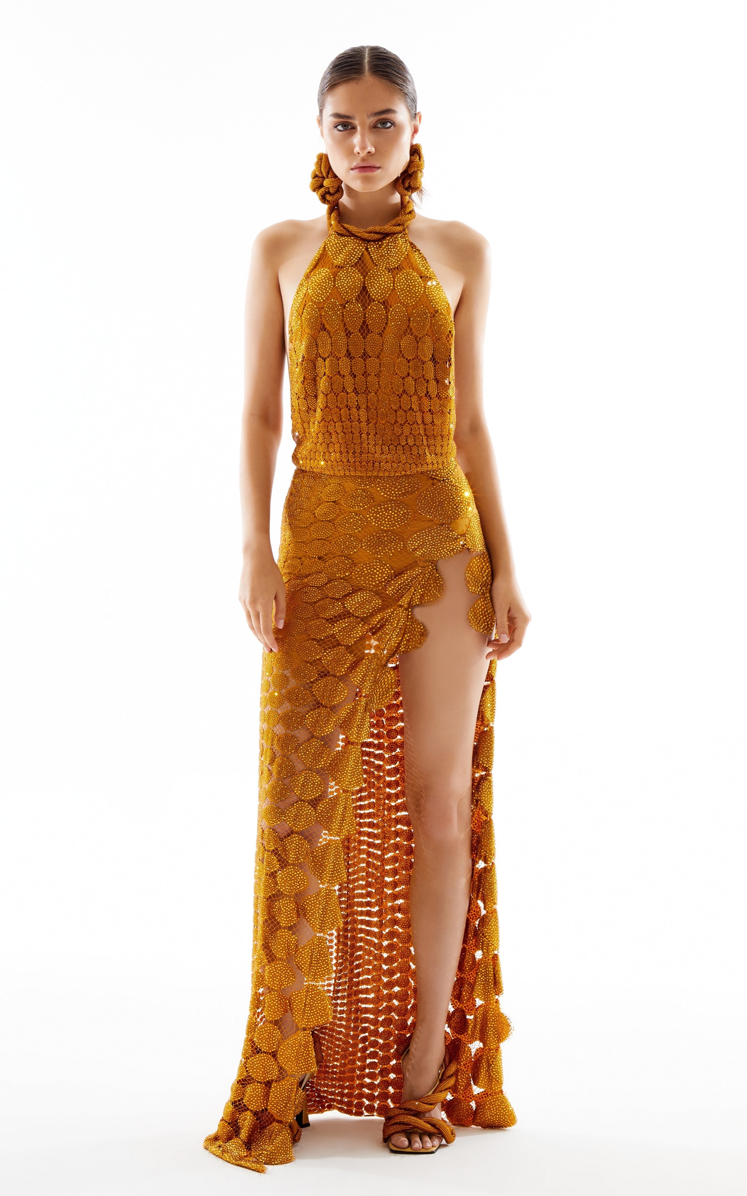 Halter Neck Sequined Circle Lace Maxi Dress with High Slit – RAISA VANESSA  INT