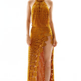 Halter Neck Sequined Circle Lace Maxi Dress with High Slit