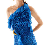 One Shoulder Crochet Chiffon Ruffle Maxi Dress