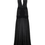 Deep V-Neck Black Satin Maxi Dress with High Slit and Embroidery Detail
