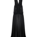 Deep V-Neck Black Satin Maxi Dress with High Slit and Embroidery Detail