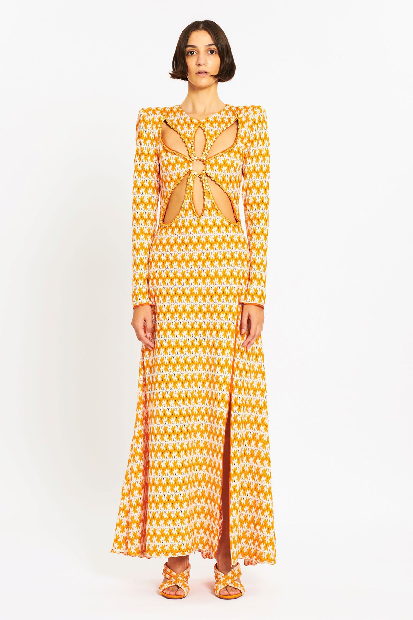 Quanha Diamond Printed Long Sleeves Slit Maxi Dress