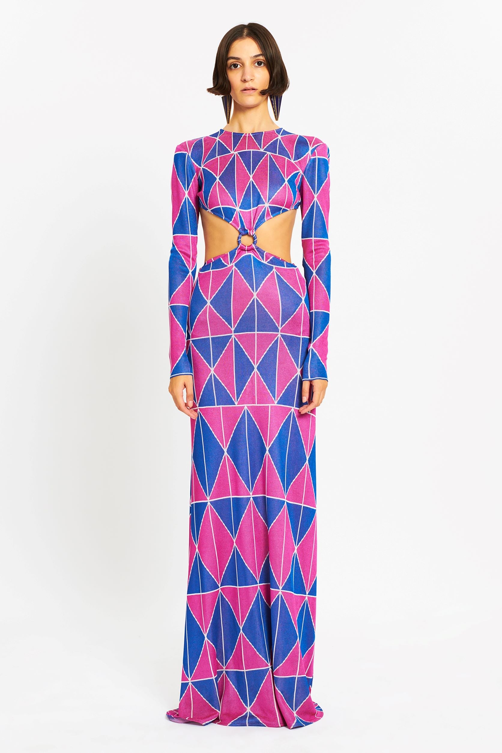 Long Sleeve Geometrical Print Cutout Maxi Dress