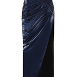 Dark Blue Latex Midi Skirt with High Slit and V-Belt