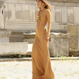 Beige Tricot Maxi Dress with Flower and Cutout Details