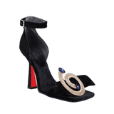 Black Velvet High Heels With Crystal Stoned Round Accessory