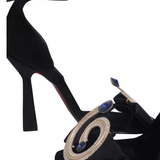Black Velvet High Heels With Crystal Stoned Round Accessory