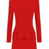 Knitted Red Mini Dress with High Neck And Gold Belt Detail