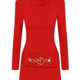 Knitted Red Mini Dress with High Neck And Gold Belt Detail