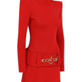 Knitted Red Mini Dress with High Neck And Gold Belt Detail