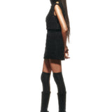 Black High-Neck Velvet Crochet Mini Dress With Grain Waist and Gold Details