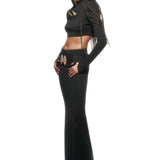 Knitted Black Long Sleeve Crop Top with Crystal Stone Detail