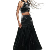 Black Latex Midi Skirt with Embroidery Detail