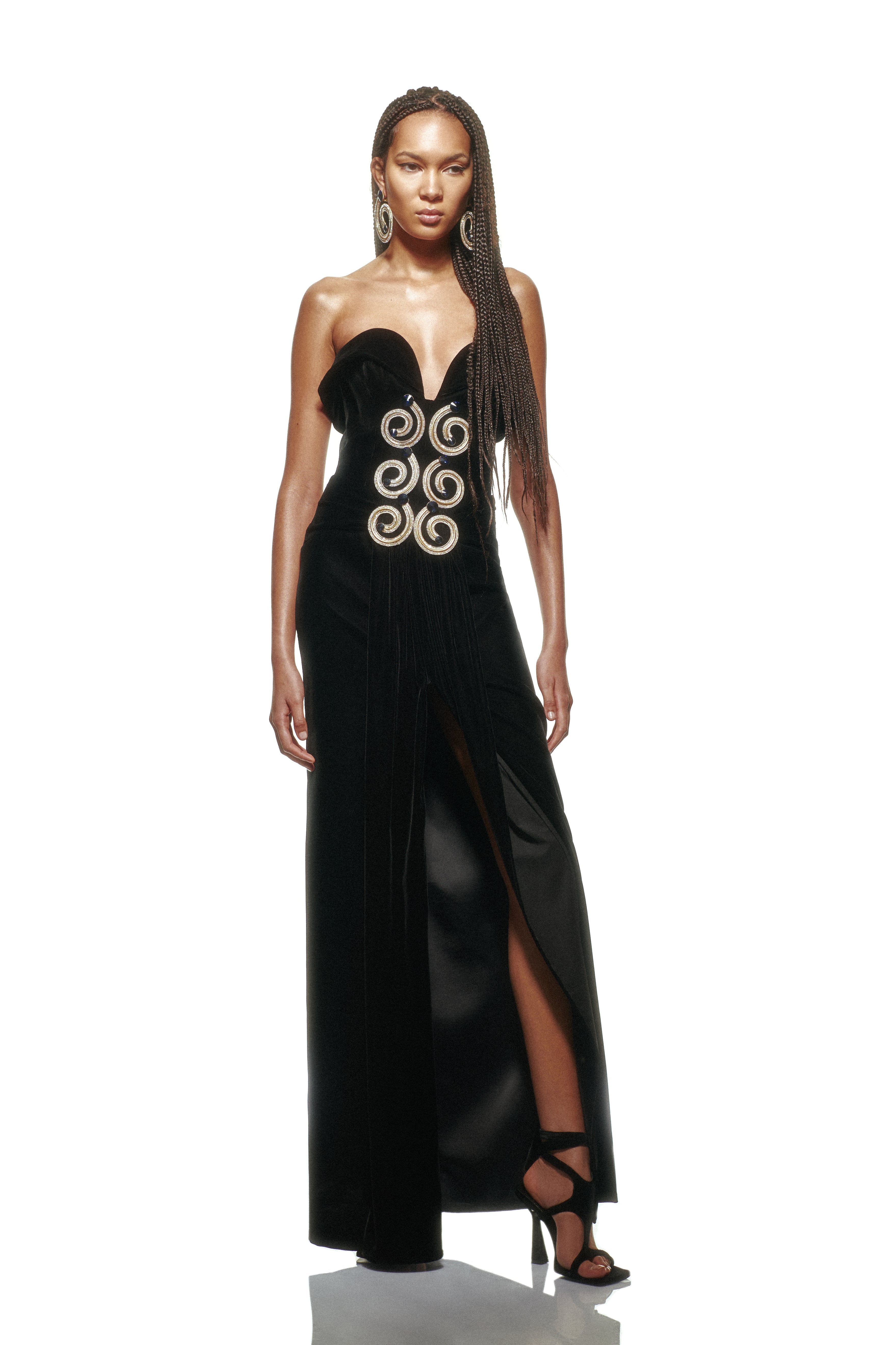 fitted lace wedding dress Dita Sleeveless Velvet & Lace Corset Maxi Dress – Mara Blak main image 1