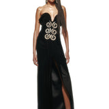 Strapless Black Velvet Corset Maxi Dress with High Slit and Crystal Accessory Detail