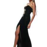 Strapless Black Velvet Corset Maxi Dress with High Slit and Crystal Accessory Detail