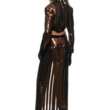 V-Neck Black/Bronze Sequined Chiffon Maxi Dress with High Slit