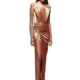 Strapless Champagne Metallic Midi Dress with High Slit
