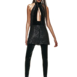Stone Embroidered Black Mini Dress with Velvet Neck Detail