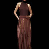 Brown Chiffon Pleated Maxi Skirt with Square Gold Details
