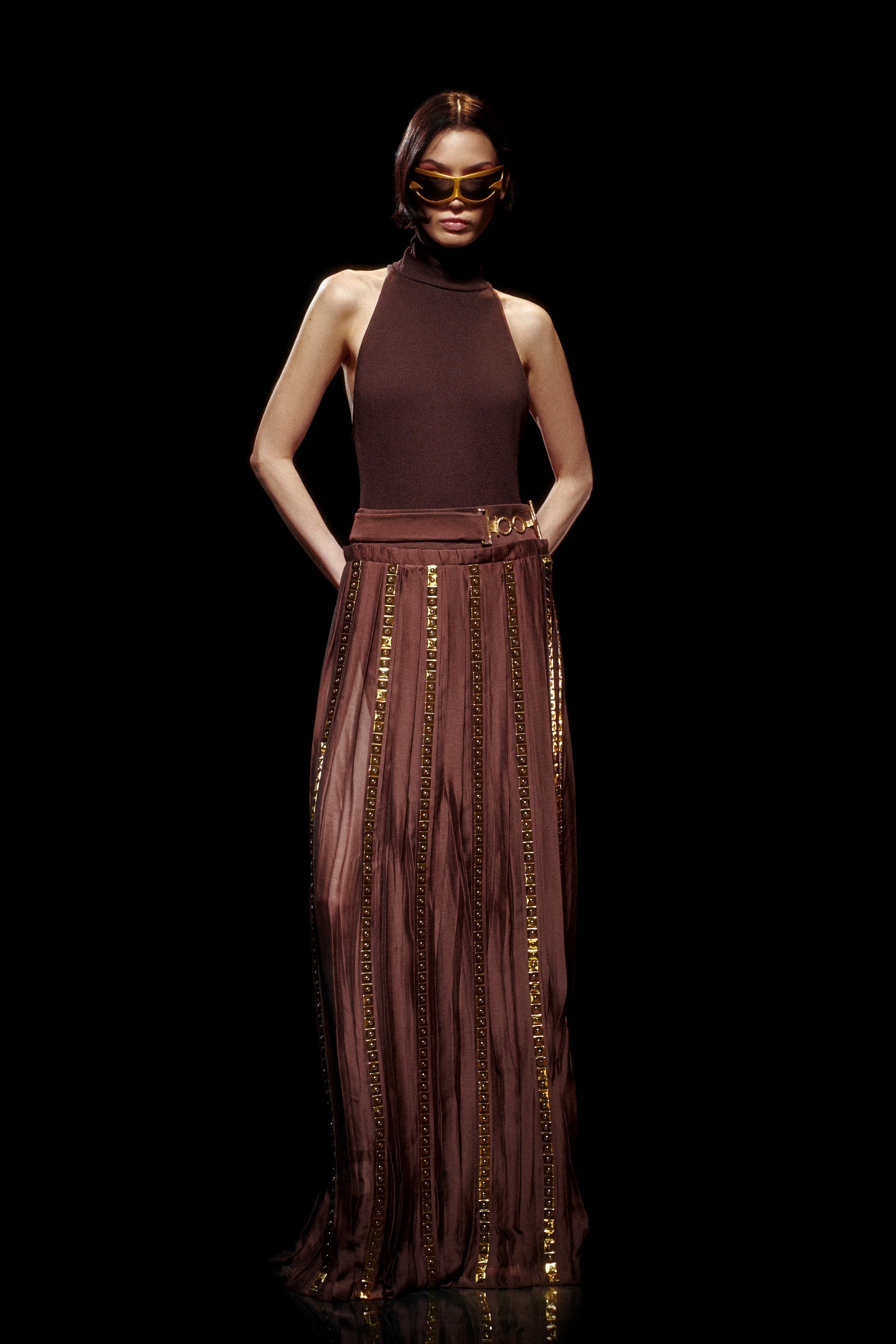 Brown Chiffon Pleated Maxi Skirt with Square Gold Details RAISA VANESSA INT Brown Chiffon Pleated Maxi Skirt with Square Gold Details RAISA VANESSA INT