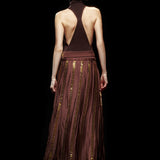 Brown Chiffon Pleated Maxi Skirt with Square Gold Details