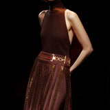 Brown Chiffon Pleated Maxi Skirt with Square Gold Details