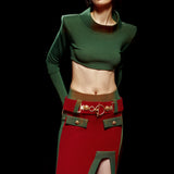Knitted Bordeux/Green Midi Skirt with High Slit and Gold Belt