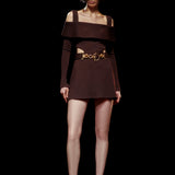 Dark Brown Off-Shoulder Knit Mini Dress with Gold Belt
