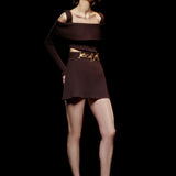 Dark Brown Off-Shoulder Knit Mini Dress with Gold Belt