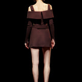 Dark Brown Off-Shoulder Knit Mini Dress with Gold Belt