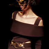 Dark Brown Off-Shoulder Knit Mini Dress with Gold Belt