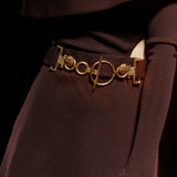 Dark Brown Off-Shoulder Knit Mini Dress with Gold Belt