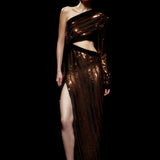 One Shouldered Black/Bronze Sequined Chiffon Maxi Dress with High Slit