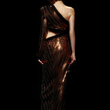 One Shouldered Black/Bronze Sequined Chiffon Maxi Dress with High Slit