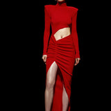 Red High Neck Maxi Dress With Open Front
